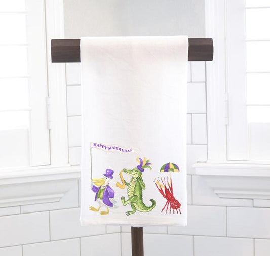 Happy Mardi Gras Flour Sack Tea Towel - Hostess Gift - Housewarming Gift - Preppy