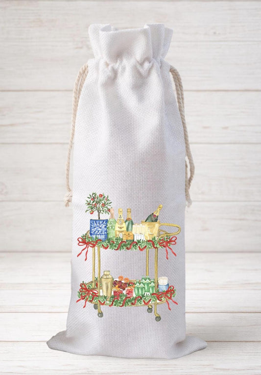 Festive Bar Cart, Wine Bottle Gift Bag – Reusable Drawstring Canvas Bag