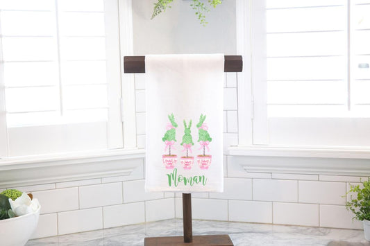 Personalized Easter Topiary Tea Towel – Pink Chinoiserie Flour Sack