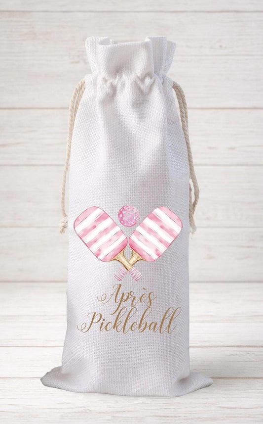 Apres Pickleball Pink, Wine Bottle Gift Bag – Reusable Drawstring Canvas Bag