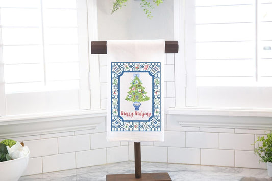 Merry Mahjong Christmas Tree Flour Sack Tea Towel - Blue Chinoiserie