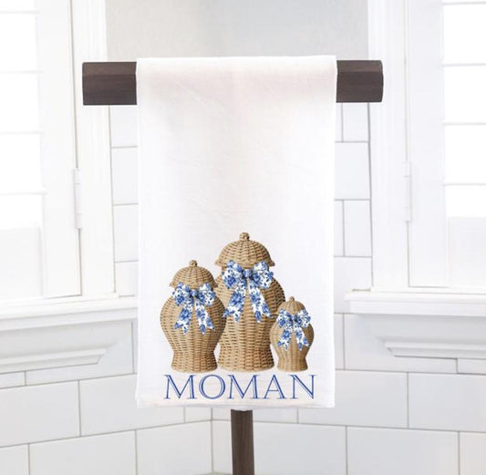 Personalized Custom Chinoiserie Rattan Ginger Jars, Flour Sack Tea Towel - Preppy Gift