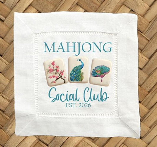 Mahjong Social Club Peacock Linen Cocktail Napkins -  6 x 6 Inch Cloth Hemstitch Fabric Napkins - Set of 4