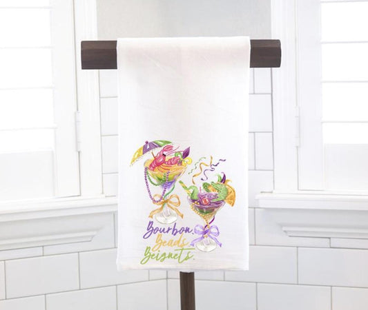 Mardi Gras Drinks Flour Sack Tea Towel - Hostess Gift - Housewarming Gift - Preppy
