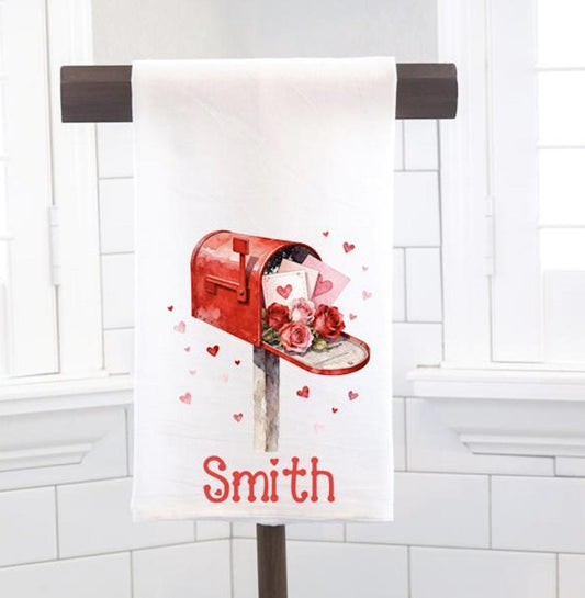 Personalized Valentine Heart Mailbox Flour Sack Tea Towel - Hostess Gift - Housewarming Gift - Valentines Day