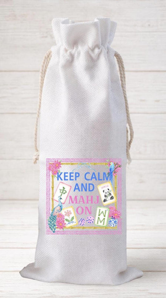Keep Calm And Mahj On, Wine Bottle Gift Bag – Reusable Drawstring Canvas Bag