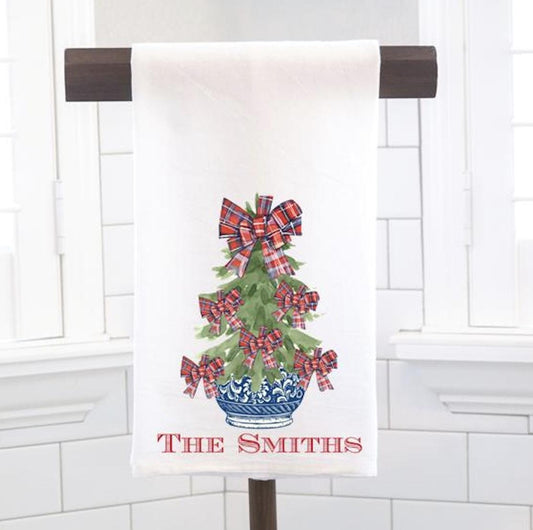 Personalized Chinoiserie Tartan Plaid Bows Flour Sack Tea Towel - Hostess Gift - Housewarming Gift
