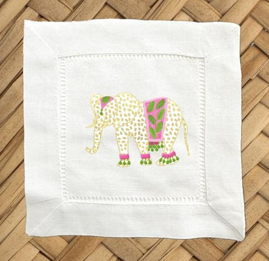 Moroccan Elephant Linen Cocktail Napkins - Hemstitch Set of 4