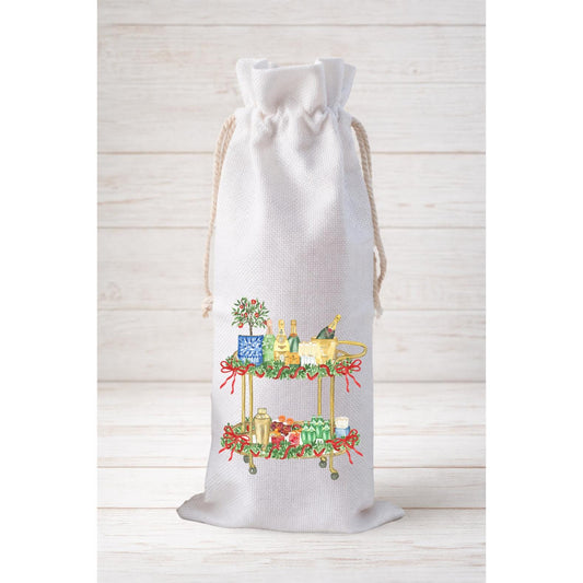 Festive Bar Cart, Wine Bottle Gift Bag – Reusable Drawstring Canvas Bag