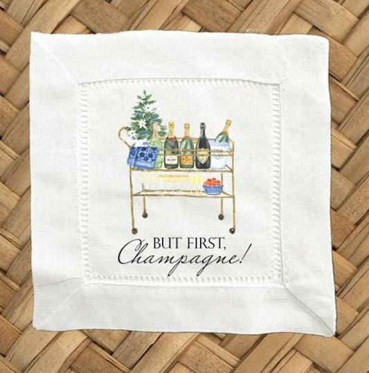 But First Champagne Linen Cocktail Napkins -  6 x 6 Inch Cloth Hemstitch Fabric Napkins - Set of 4