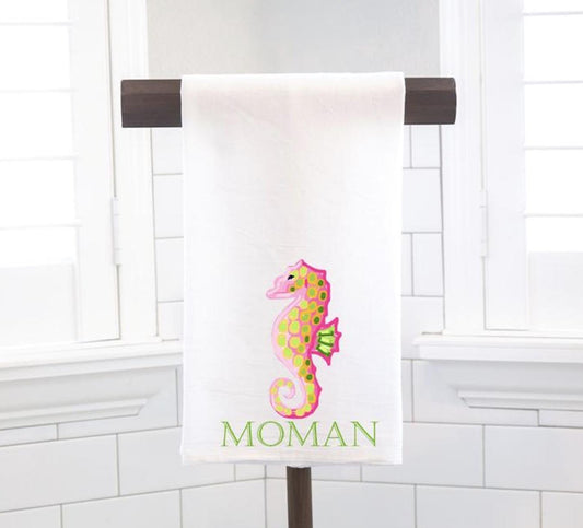 Personalized Custom Pink Green Seahorse Flour Sack Tea Towel - Preppy Gift