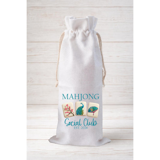 Mahjong Social Club Peacock, Wine Bottle Gift Bag – Reusable Drawstring Canvas Bag