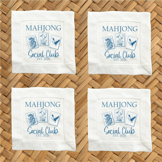Mahjong Social Club Chinoiserie Linen Cocktail Napkins -  6 x 6 Inch Cloth Hemstitch Fabric Napkins - Set of 4