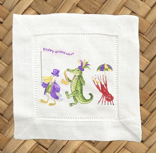 Happy Mardi Gras Crest Linen Cocktail Napkins -  6 x 6 Inch Cloth Hemstitch Fabric Napkins - Set of 4