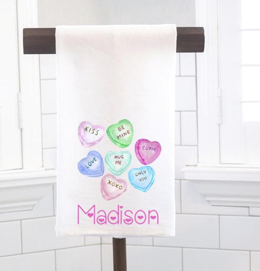 Candy Hearts Flour Sack Tea Towel - Hostess Gift - Housewarming Gift - Valentines Day