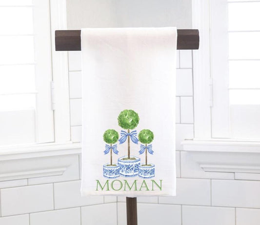 Personalized Blue Chinoiserie Topiary Tea Towel, Kitchen Towel