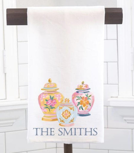 Personalized Chinoiserie Ginger Jar Flour Sack Tea Towel - Hostess Gift - Housewarming Gift - Grandmillennial- Preppy