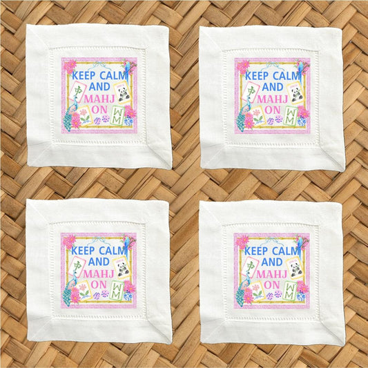 Mahjong Gift Keep Calm Mahjong Linen Cocktail Napkins – Set of 4 Hemstitch Cloth