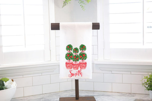 Personalized Triple Heart Topiary Red Hearts Chinoiserie Flour Sack Tea Towel - Hostess Gift - Housewarming Gift - Valentines Day