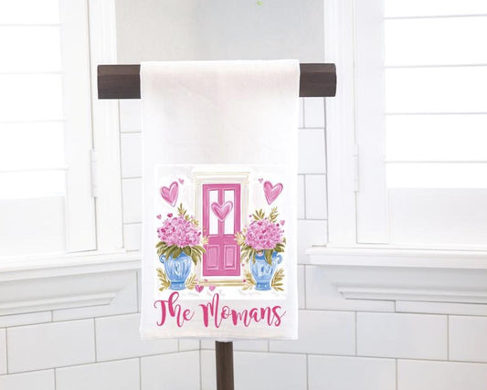 Personalized Pink Door Front Porch Flour Sack Tea Towel - Hostess Gift - Housewarming Gift - Valentines Day