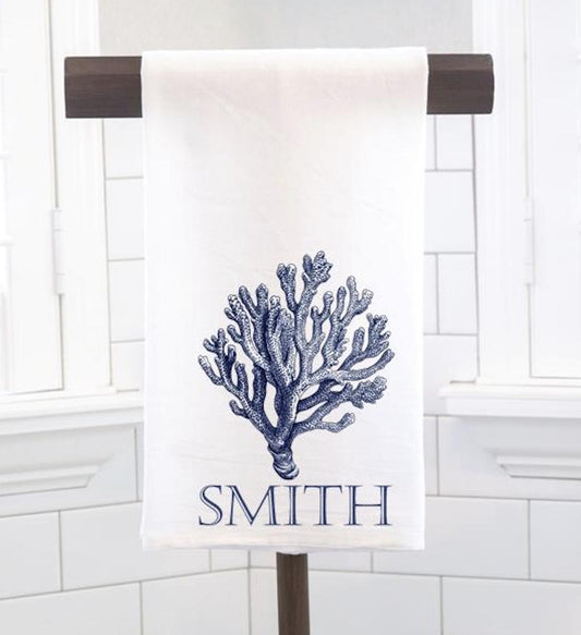 Personalized Custom Blue Coral Flour Sack Tea Towel - Gift for Oyster Lover