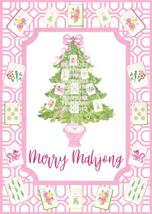 Merry Mahjong Christmas Tree Flour Sack Tea Towel - Pink Chinoiserie