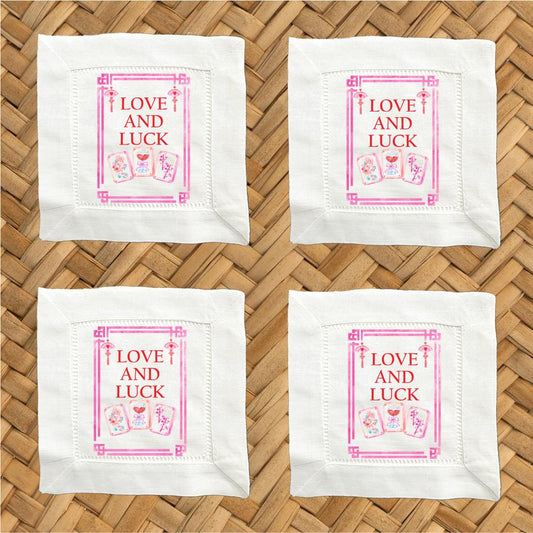 Mahjong Love & Luck Linen Cocktail Napkins – Hemstitch Set of 4