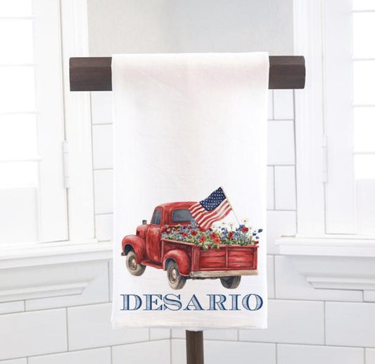 Personalized Truck Flowers Flour Sack Tea Towel- Hostess Gift - Housewarming Gift - July 4th