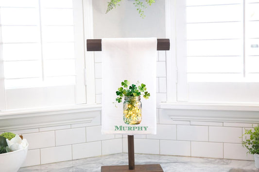 Clover Jar, St. Patrick's Day Flour Sack Tea Towel - Hostess Gift - Housewarming Gift - Personalized