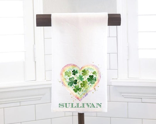 Watercolor Clover Heart Flour Sack Towel, St. Patrick's Day Hostess Gift