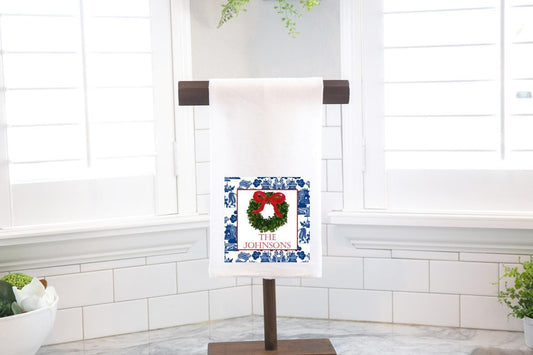 Personalized Chinoiserie Boxwood Wreath Flour Sack Tea Towel- Hostess Gift - Housewarming Gift