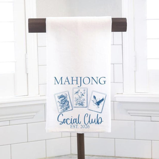 Mahjong Social Club, Mahj Squad Flour Sack Tea Towel – Mahjong Hostess Gift - Preppy - Chinoiserie