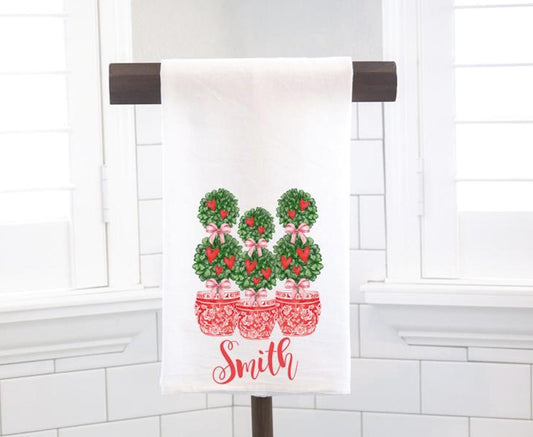 Personalized Triple Heart Topiary Red Hearts Chinoiserie Flour Sack Tea Towel - Hostess Gift - Housewarming Gift - Valentines Day