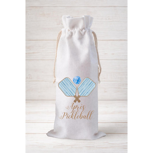 Apres Pickleball Blue, Wine Bottle Gift Bag – Reusable Drawstring Canvas Bag