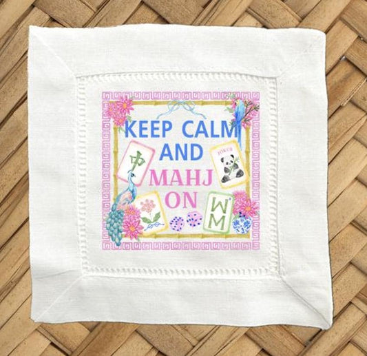 Mahjong Gift Keep Calm Mahjong Linen Cocktail Napkins – Set of 4 Hemstitch Cloth
