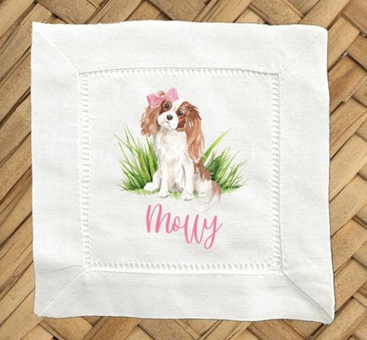 Personalized Cavalier King Charles Spaniel Linen Napkins – Hemstitch Cocktail Napkins, Set of 4