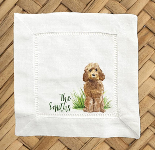 Personalized Golden Doodle Linen Cocktail Napkins – Hemstitch Set of 4