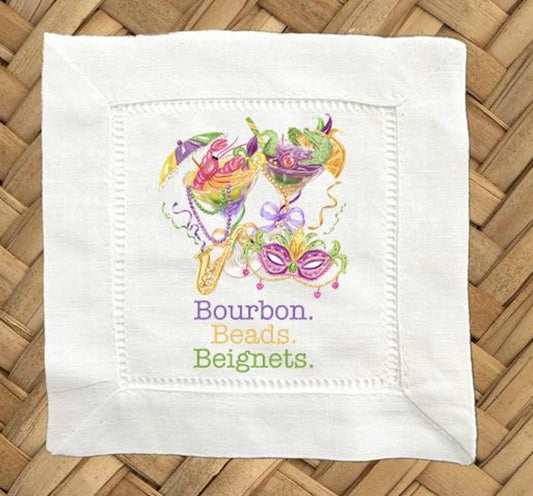 Mardi Gras Linen Cocktail Napkins, Hemstitch Fabric, Set of 4