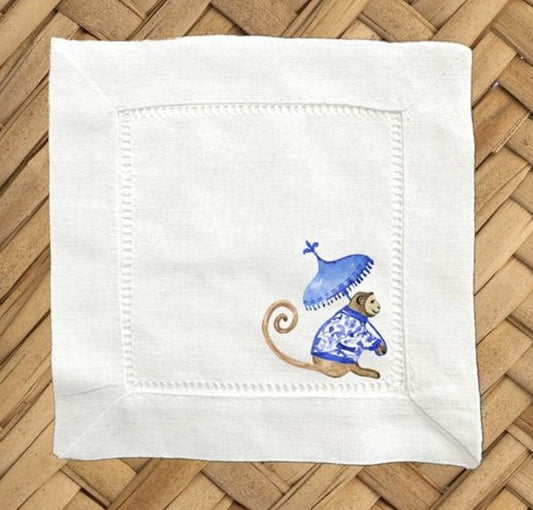 Chinoiserie Monkey Linen Cocktail Napkins – Hemstitch Set of 4