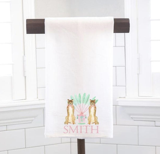 Personalized Custom Chinoiserie Tropical Cheetah, Flour Sack Tea Towel - Preppy Gift