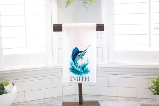 Personalized Custom Marlin Flour Sack Tea Towel - Gift for Saltwater Fishing