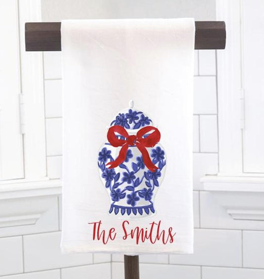 Personalized Chinoiserie Ginger Jar Red Bow Flour Sack Tea Towel- Hostess Gift - Housewarming Gift
