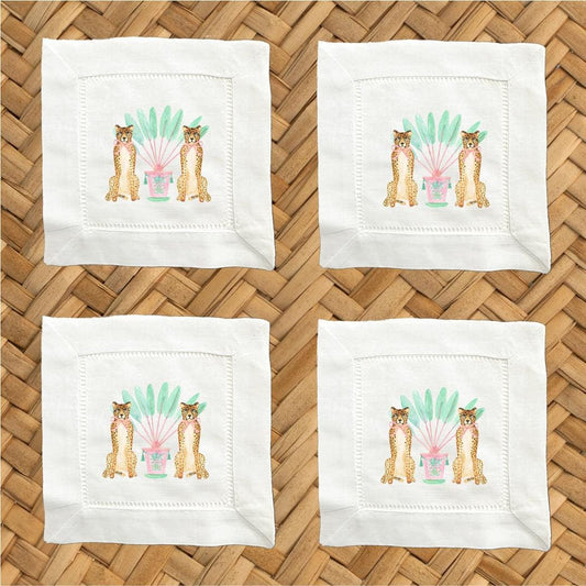 Hostess Gift - Tropical Cheetah Linen Cocktail Napkins - Set of 4