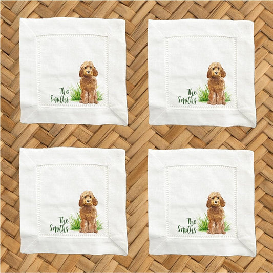 Personalized Golden Doodle Linen Cocktail Napkins – Hemstitch Set of 4