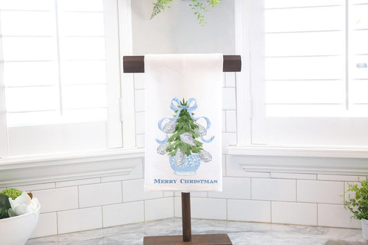Chinoiserie Christmas Tree Oyster Shells Flour Sack Tea Towel - Hostess Gift - Housewarming Gift