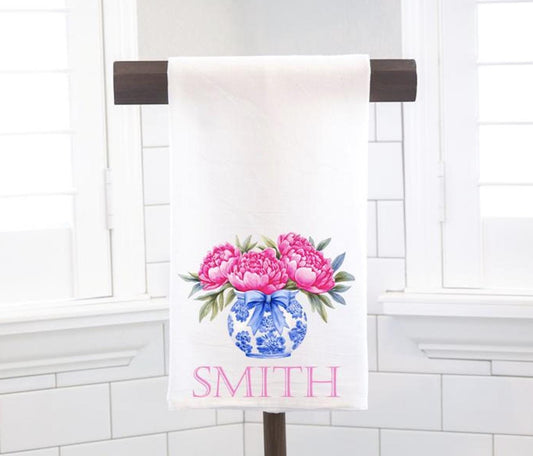 Personalized Chinoiserie Peonies Flour Sack Tea Towel - Hostess Gift - Housewarming Gift - Custom