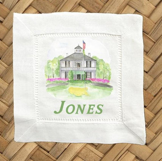 Personalized Augusta Golf Linen Cocktail Napkins -  6 Inch Cloth Hemstitch Fabric Napkins - Set of 4 - Golf Swag - Tee Gifts - Hostess Gift