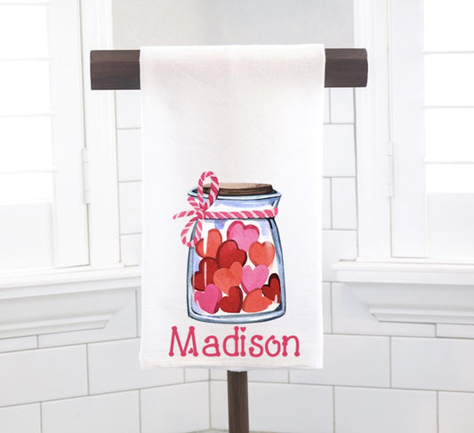 Personalized Jar Of Hearts Flour Sack Tea Towel - Hostess Gift - Housewarming Gift - Valentines Day