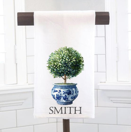 Personalized Chinoiserie Topiary Flour Sack Tea Towel - Hostess Gift - Housewarming Gift- Preppy