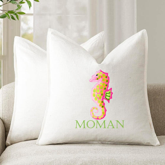 Personalized Custom Linen 22" Square Pillow Cover, Preppy Seahorse - Wedding Gift - Housewarming - Cozy Home Gift